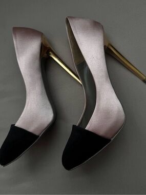 Versace Pink Satin Pumps with Black Cap Toe and Gold Stiletto